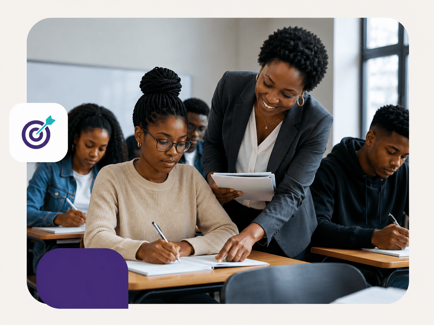 A teacher goes through results with students in class