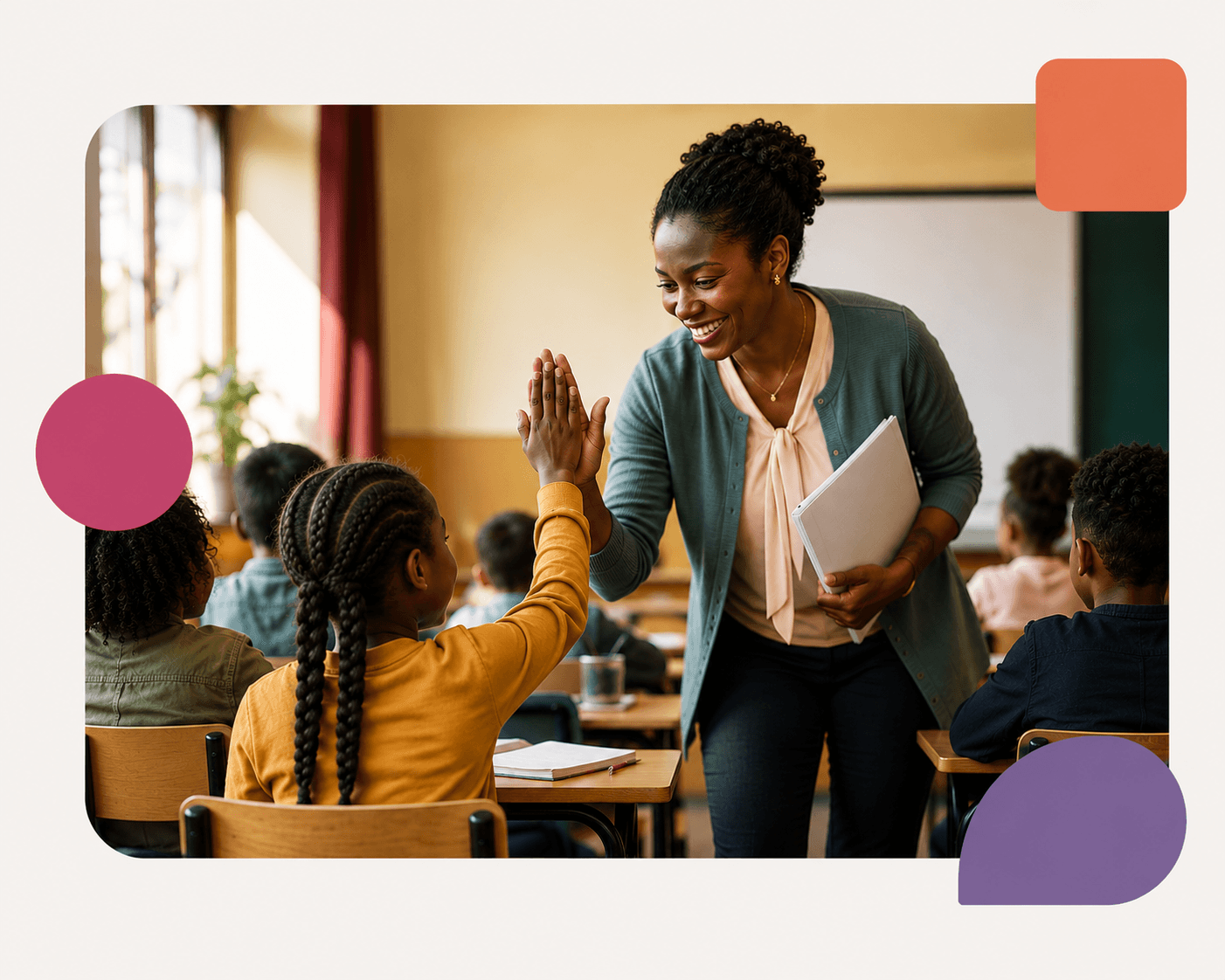 A teacher high-fives a pupil in a busy classroom