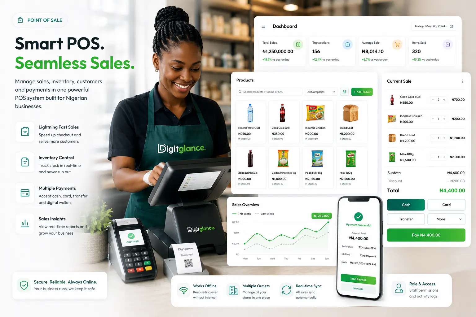 DigitGlance Trade preview showing the point-of-sale terminal and invoicing dashboard