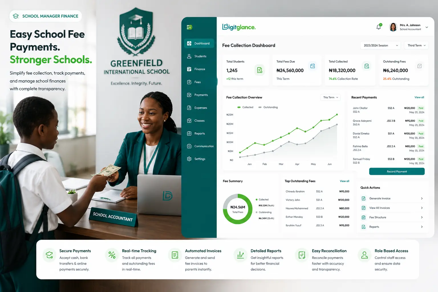 DigitGlance School preview showing fee collection dashboard, student records, and payment tracking