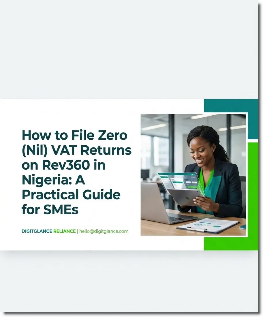 A Nigerian SME business owner filing a Nil VAT return on the Rev360 portal using a tablet, with Digitglance Reliance branding