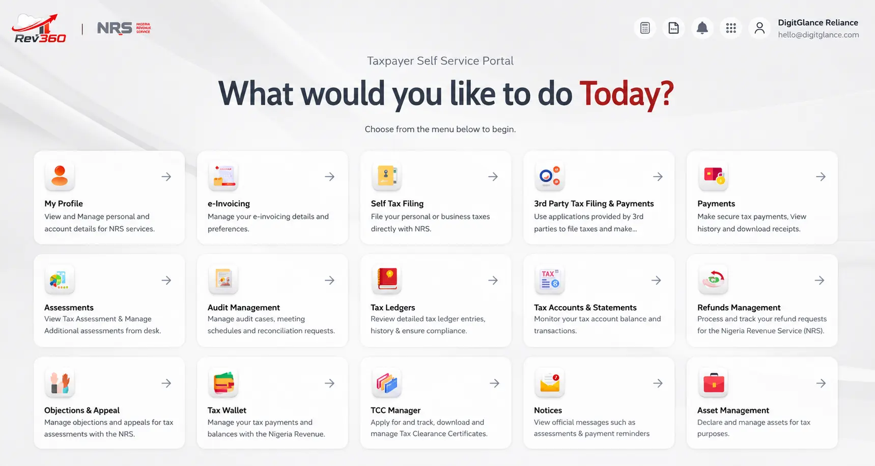 Rev360 Taxpayer Self Service Portal home screen showing the main service tiles such as Self Tax Filing, e-Invoicing, Tax Wallet, and Tax Ledgers