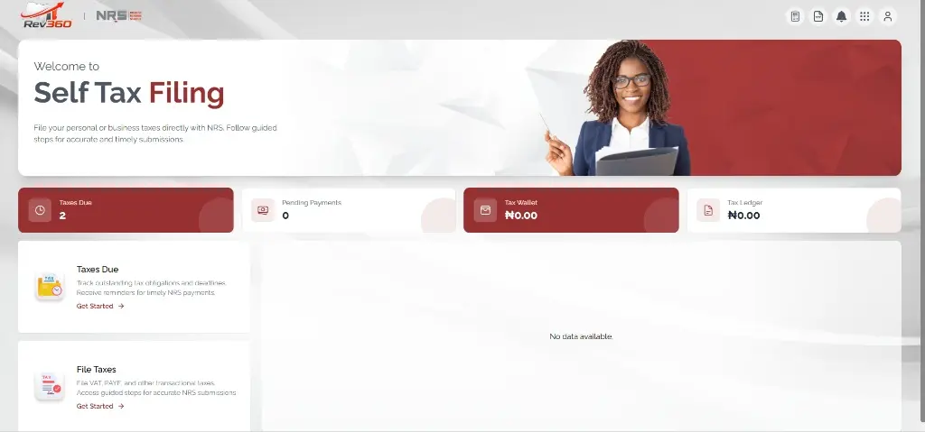 Rev360 Self Tax Filing welcome dashboard showing Taxes Due, Pending Payments, Tax Wallet, and Tax Ledger summary cards