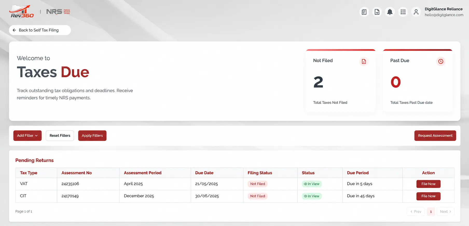 Rev360 Taxes Due page showing a pending VAT assessment for April 2026 with the File Now action button