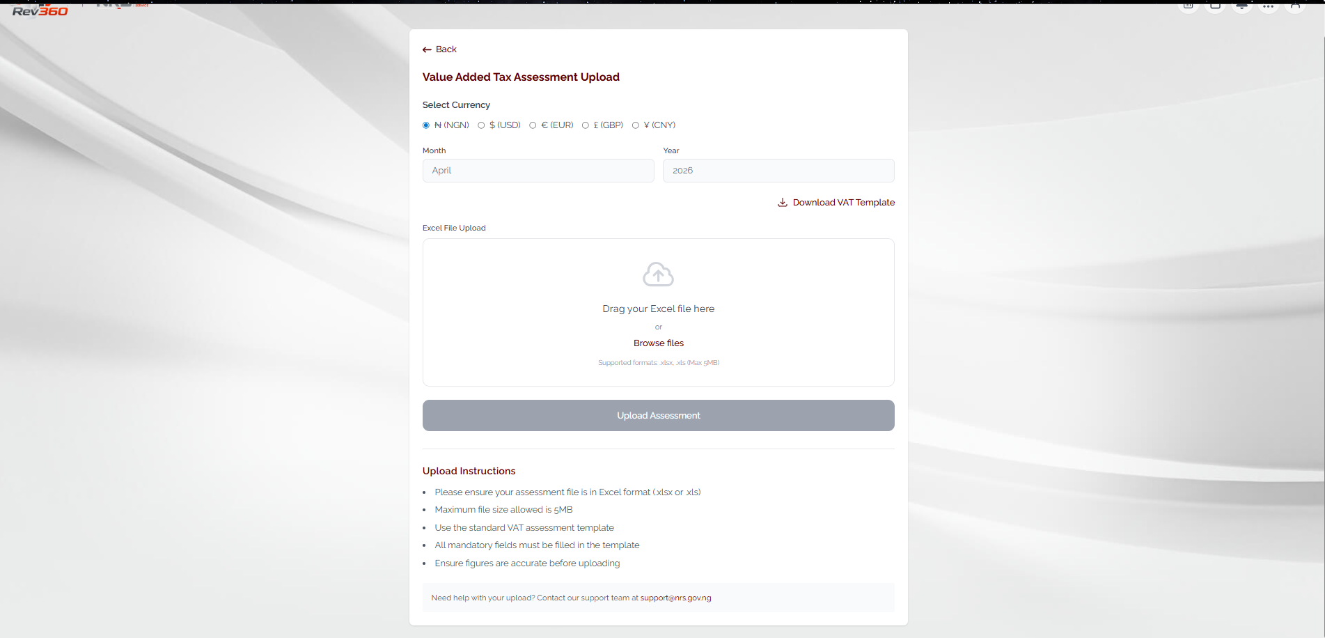 Rev360 Value Added Tax Assessment Upload screen with the Download VAT Template link, currency selector, and Excel file upload area