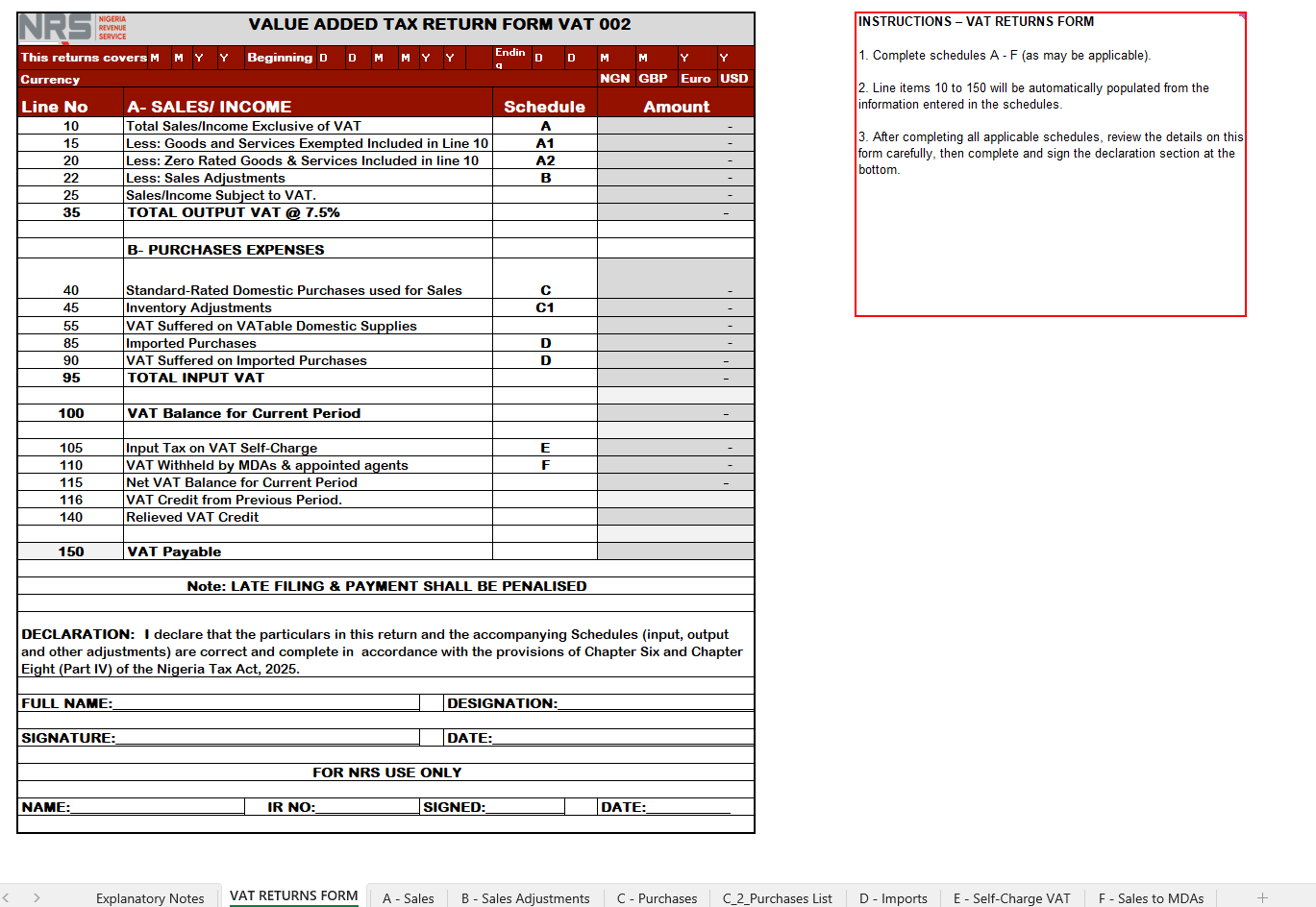 The Form VAT 002 Excel template showing schedules A through F for sales, purchases, imports, self-charge VAT, and VAT withheld by MDAs
