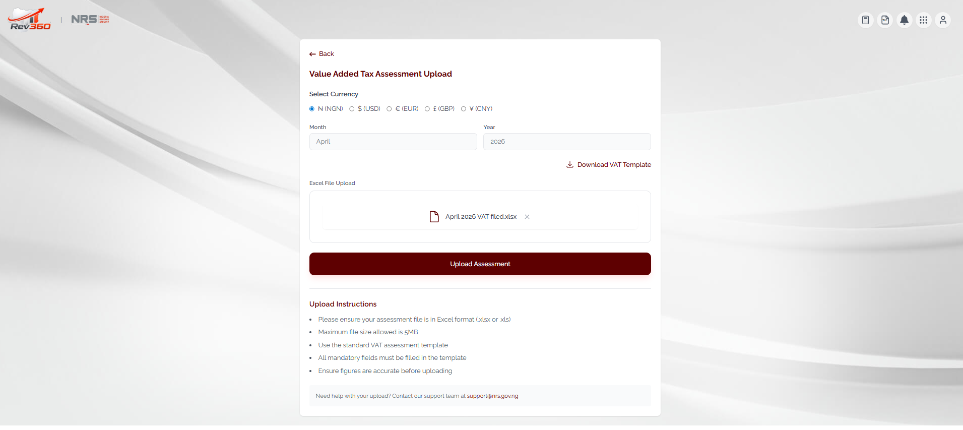 Rev360 VAT Assessment Upload screen with the saved Excel template attached, ready to be submitted
