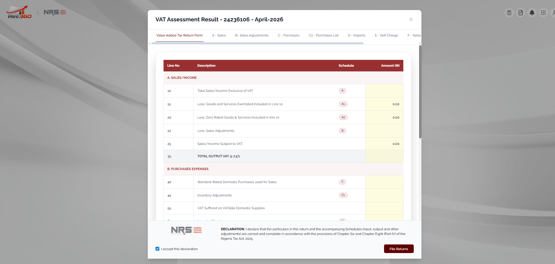 VAT Assessment Result modal on Rev360 showing the Form VAT 002 with zero values across all schedules and the declaration checkbox at the bottom