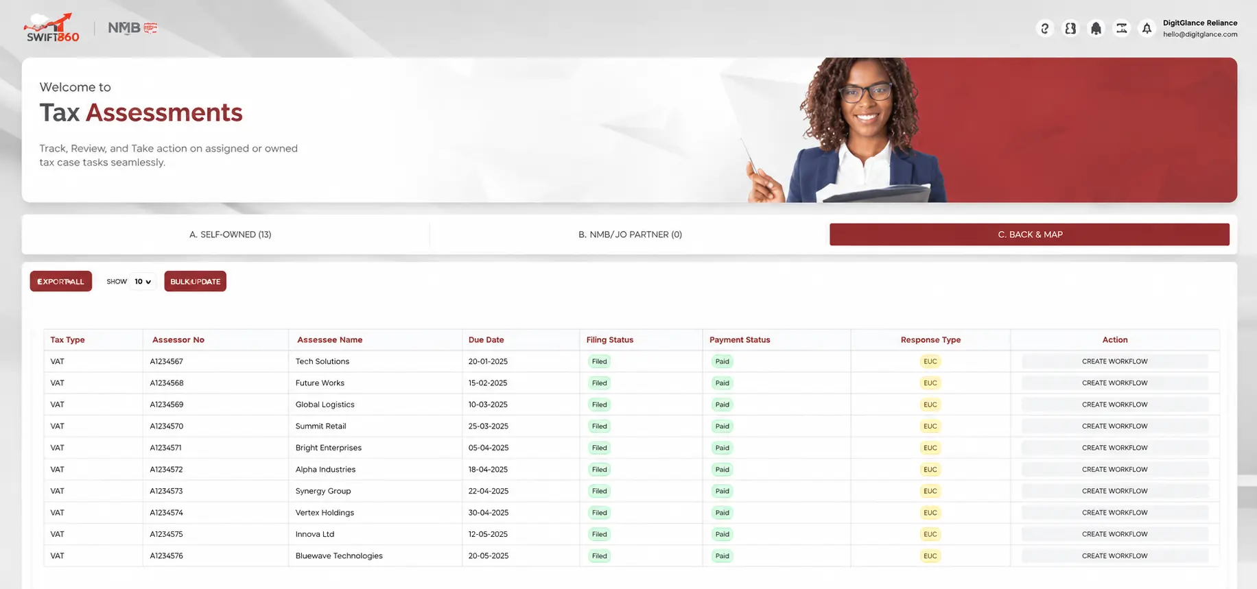 Rev360 Tax Assessments page showing a list of VAT returns marked Filed and Paid across multiple months