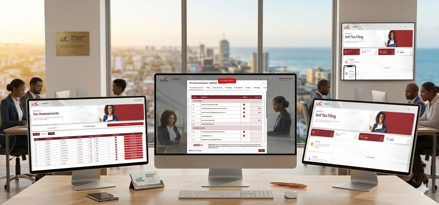Three-screen showcase of the Digitglance Reliance tax management suite alongside the Rev360 portal and Form VAT 002 template