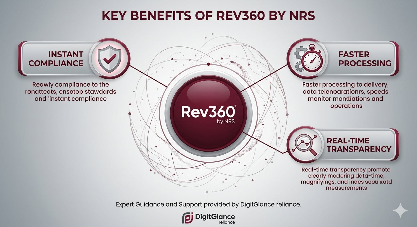 Infographic showing the three key benefits of Rev360 by NRS: instant compliance, faster processing, and real-time transparency