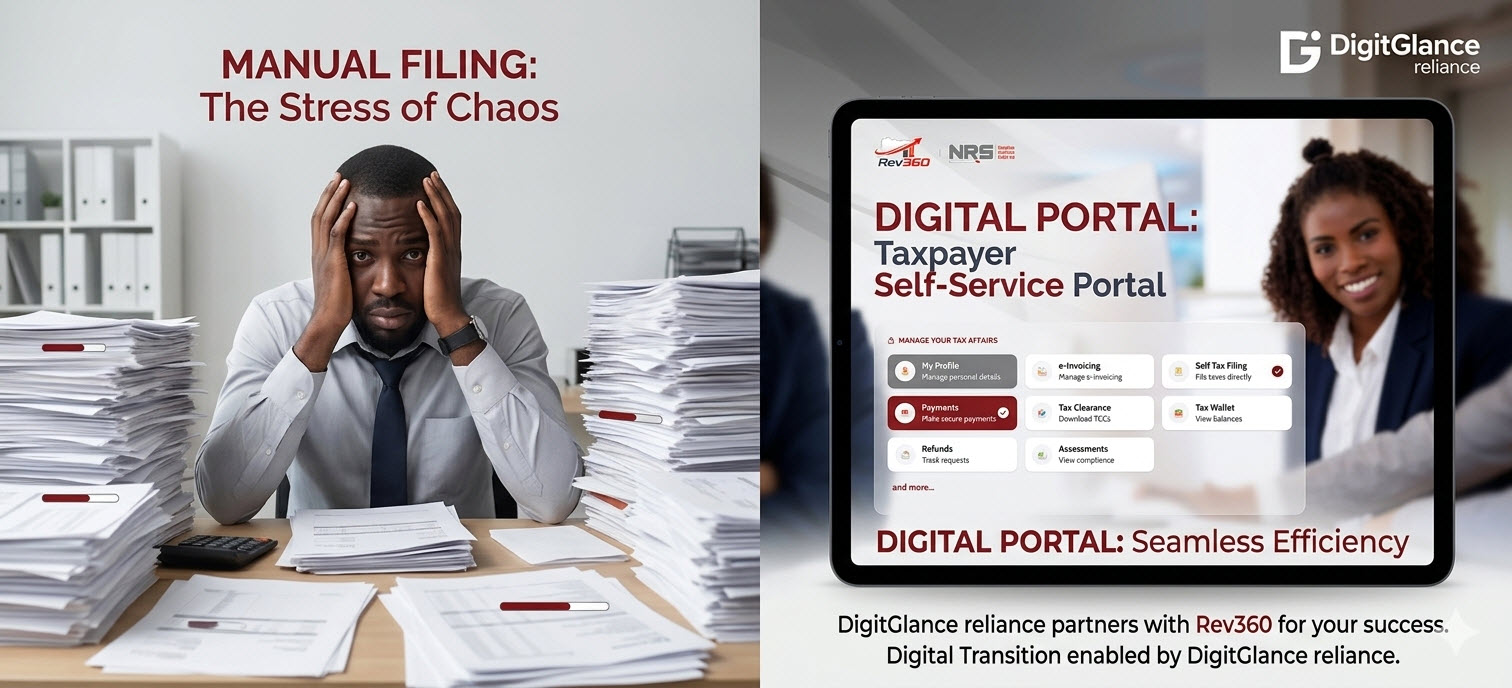 Side-by-side comparison: a Nigerian business owner overwhelmed by stacks of paper tax filings on the left, and on the right a clean Rev360 Taxpayer Self-Service Portal on a tablet